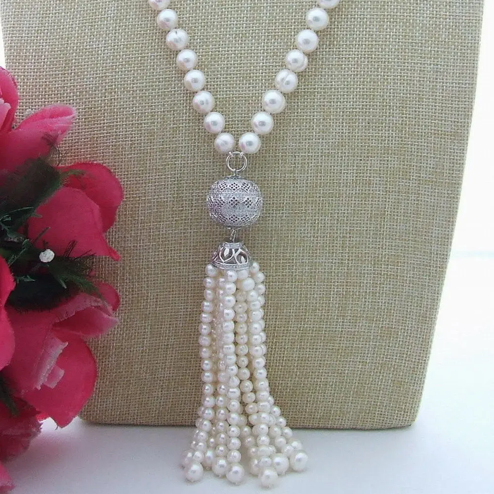 

S042610 23'' Natural 10mm Pearl&CZ Pendant Necklace