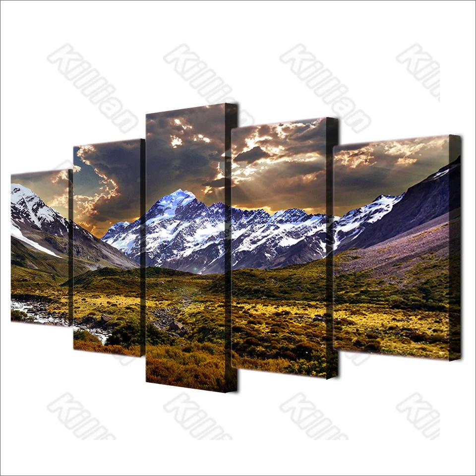 

Landscape Style Mural Canvas Paintings Bed Home Decor Prints 5 Pieces Basin and Snow Mountain Decoration Living Room Wall Fresco