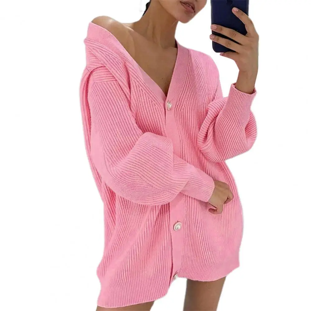 

Loose Single-breasted Knitted Cardigan Women One Size Lantern Sleeve V Neck Knitted Coat Women for Going Out свитер женский