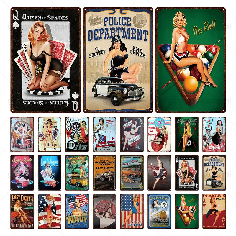 

Vintage Playing Cards Metal Tin Sign Lady Girl Art Poster Retro Plaque Bar Hotel Wall Sticker Home Decor Board Iron Painting