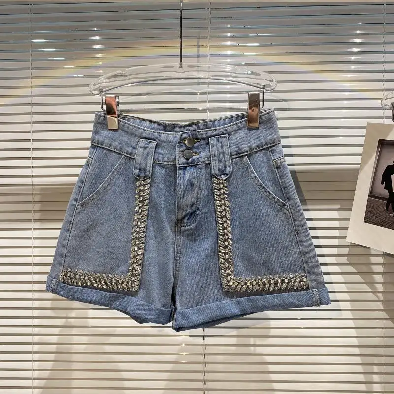 

2021 Summer New Rhinestone Beaded Shiny Short Denim Pants Women's High Waist All-matching Shorts Casual Fashion