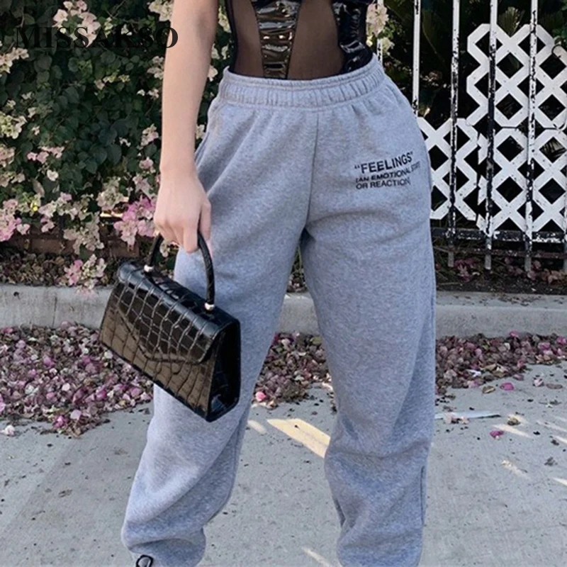 

Missakso Autumn Women Sweatpants With Pockets Streetwear Fashion Lady Trousers Elastic Waist Solid Casual Letters Pants
