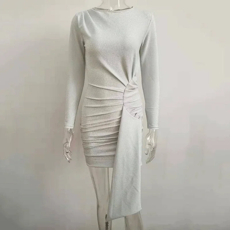

2021 Autumn Long Sleeve Draped Slim Party Dress Vestido Sexy Backless Pleated Mini Dress Women O-Neck Silk Shiny Bodycon Dress