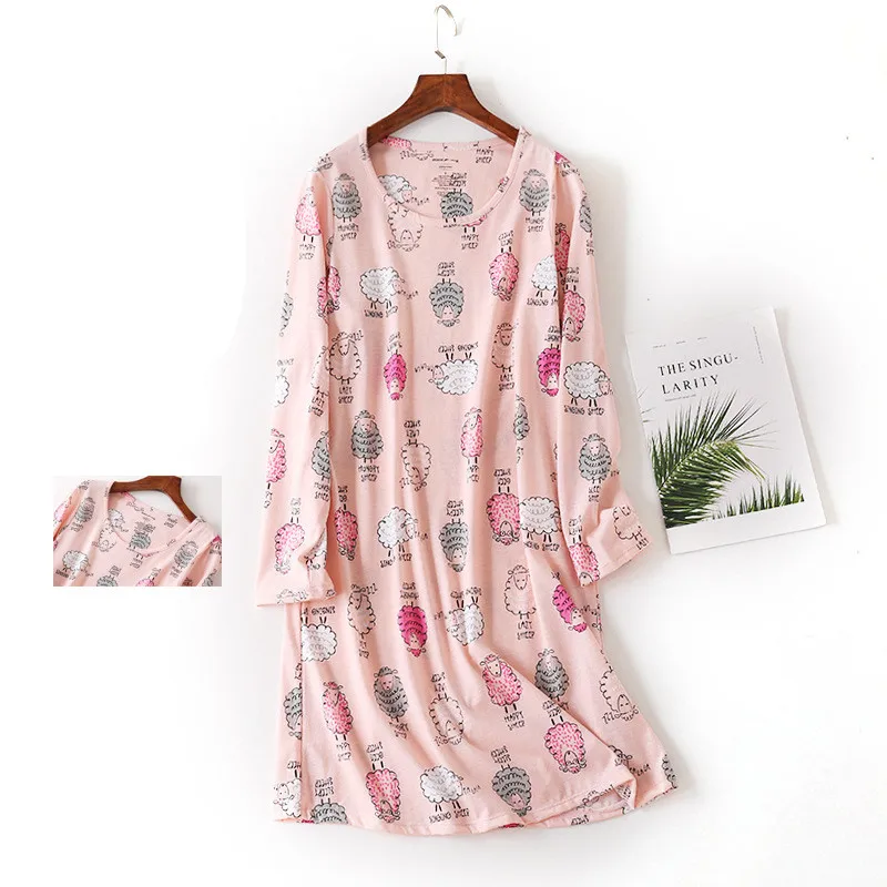 

Женская хлопковая ночная рубашка с длинными рукавами, Повседневная Пижама с круглым вырезом и принтом мультяшного кота, большие размеры, 2019