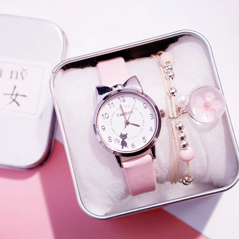 

Kids Watches Students Children Pink Watch Girls Child Hours Black Cat Quartz Wristwatch Girl Gift Clocks kids watches