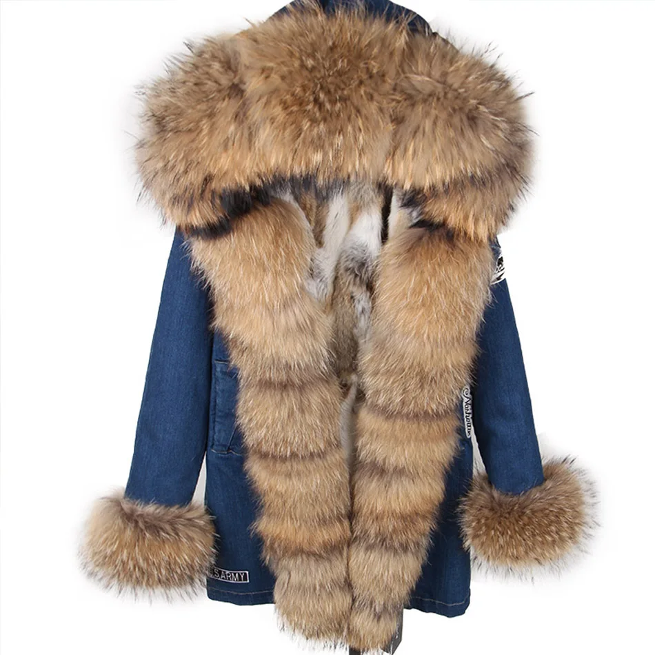 

MAOMAOKONG Fur coat New Real Fox Fur denim Coats Winter Jackets Women Parkas Hooded Real Rabbit Fur Liner Women's jacket