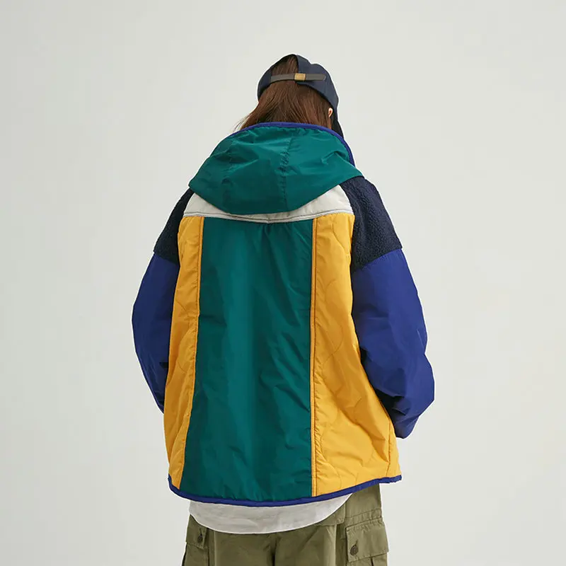 Autumn Winter New Japan Style Lamb Hair Contrast Color Cotton Jacket Women Hooded Patchwork Outerwear Coats 2012254