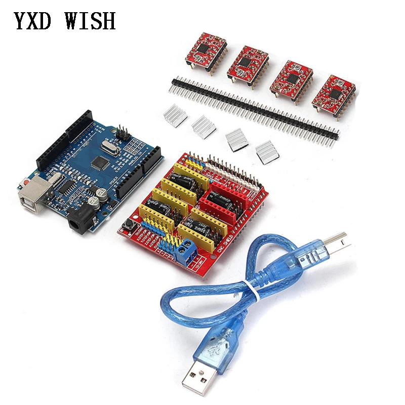 Плата для UNO R3 с Usb + плата расширения ЧПУ V3.0 4 шт. Драйвер шагового двигателя A4988