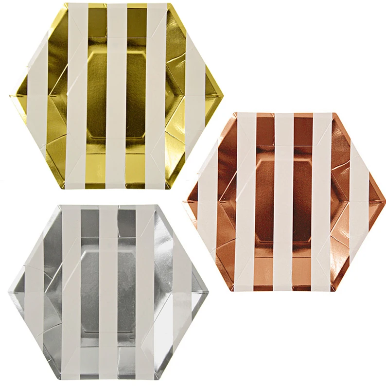 

1Set 7inch/9inch Foil Gold/Silver/Rose Hexagon Plate Wedding Birthday Baby Shower Tableware Stripe Paper plates Party Decoration