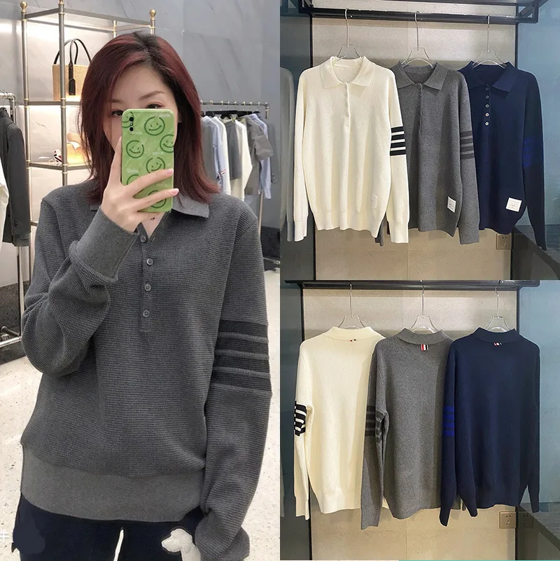 

Рубашка-поло с длинным рукавом для мужчин и женщин, повседневный свободный свитер в полоску с отложным воротником, осень 2021