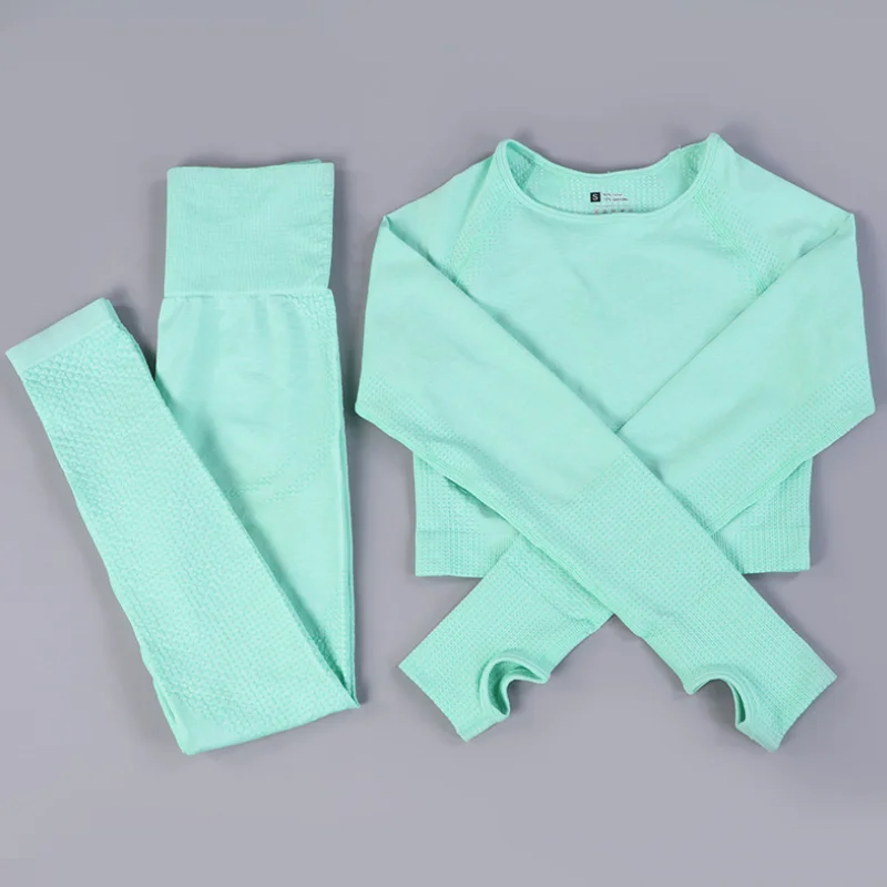 

Two Piece Activewear Gym Long Sleeve Leggings Seamless Yoga Wear Set Custom Women