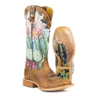new products women pu western cowboy boots square heel cactus print deep v mouth cover foot high tube boots knight boots kp296