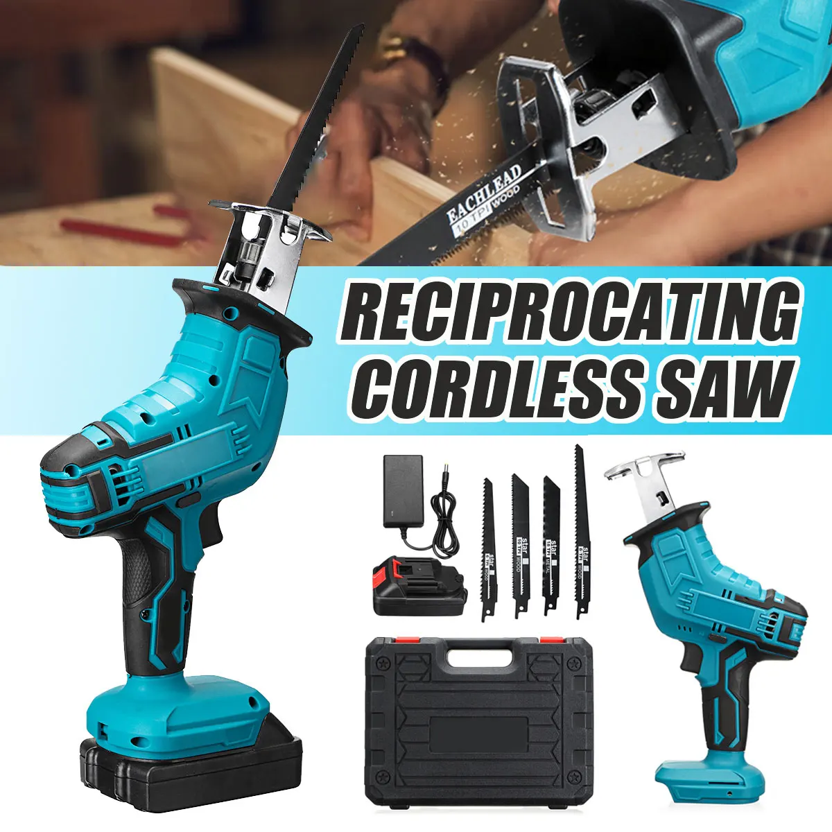 Cordless Portable Electric Jig Saw Electric Saw Set With Battery Woodworking Pruning One-handed Garden Tool Rechargeable + Case