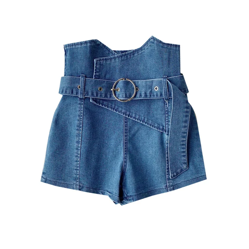 

High Waist Shorts Elastci Slim Jeans Shorts Harajuku High Street Solid Sashes Female Asymmetrical Denim Shorts 2020 Summer New