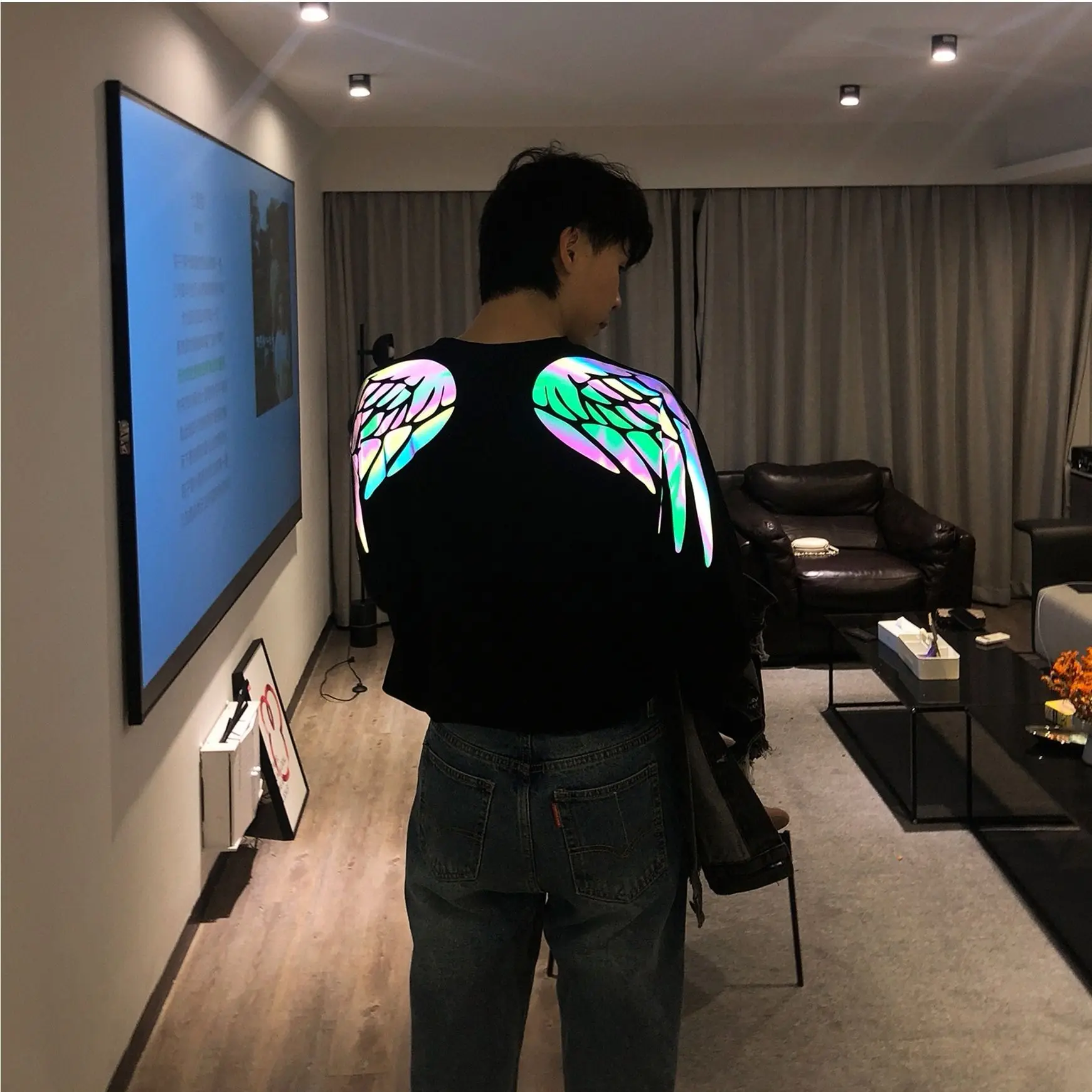 Long Sleeve Black INS, хит, светоотражающая Футболка с принтом крыльев, Harajuku, мужская, женская, модная, Grilfriend, оверсайз, с коротким/длинным рукавом, одежда для пар, лучший подарок - Цвет: Long Sleeve Black