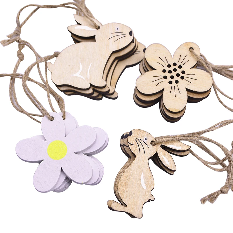 

10pcs/lot Wooden Easter Eggs Rabbit Bunny Hanging Pendant Ornament DIY Easter Bunny Craft Happy Easter Party Decoration For Home