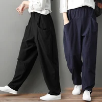 women casual pants solid color classical vintage cotton linen comfortable elastic waist pockets loose office lady trouser