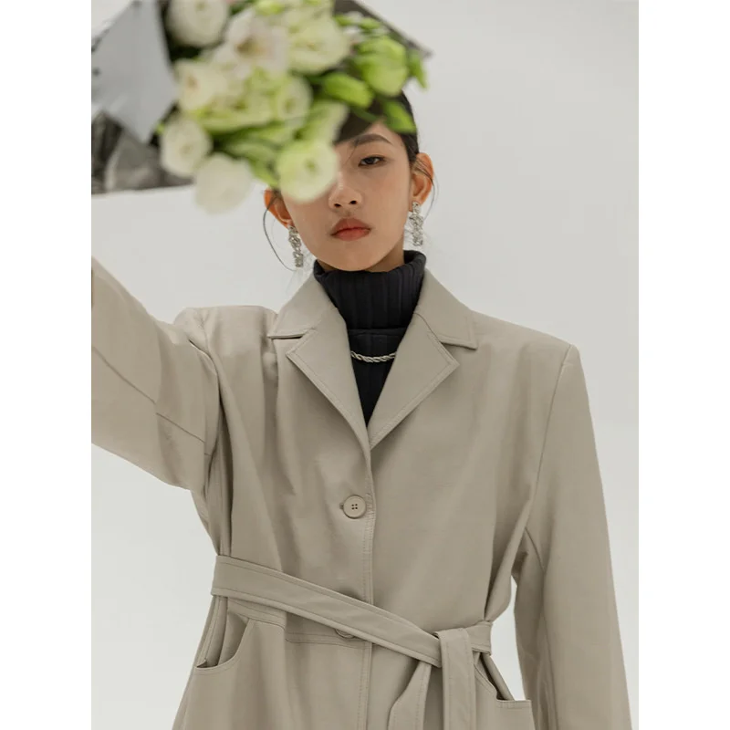 

[colline2021] colline2021 autumn new long leather suit coat women's loose PU leather coat