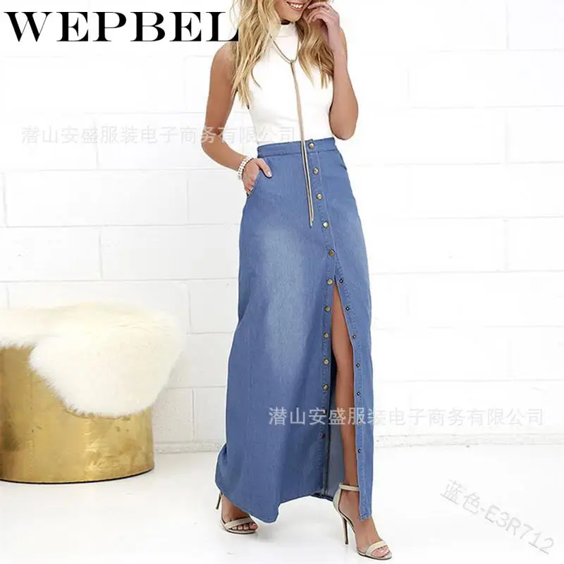 WEPBEL-faldas tejano largo para mujer, falda de tela vaquera de cintura alta, hilera de botones, de talla grande S-3XL
