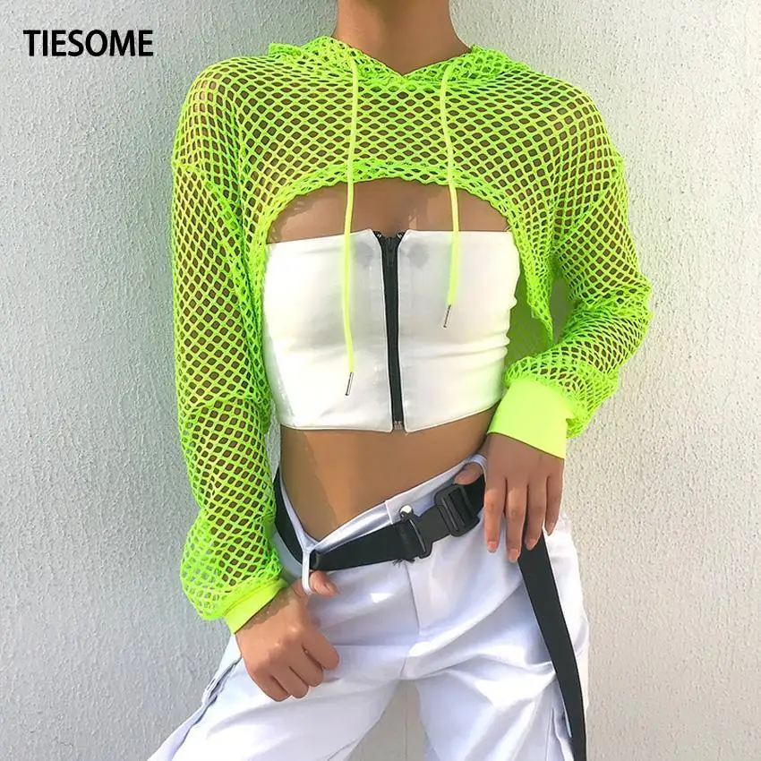 

TIESOME Fluorescent Hollow Out Tops Tee Women Long Sleeve Short Tee With Hooded Summer Sun Protection Top 2020 New Fashion