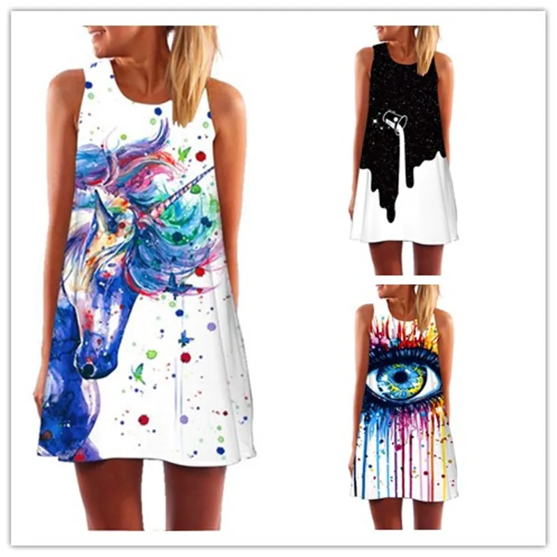 Женское мини платье с цифровым принтом свободное средней длины без рукавов