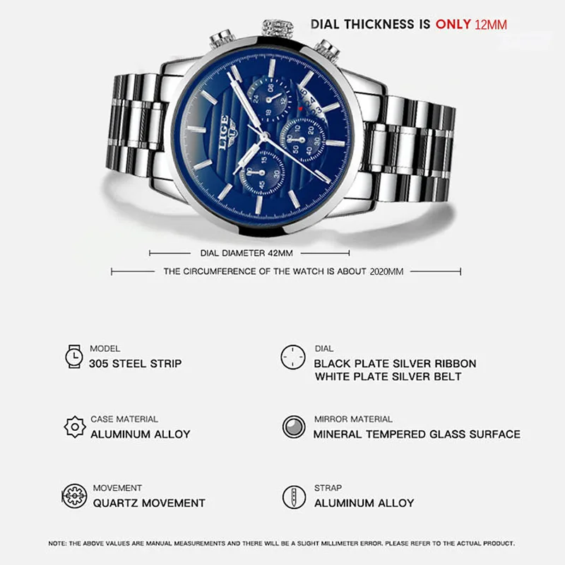 Часы наручные LIGE мужские с хронографом спортивные роскошные кварцевые Стальные