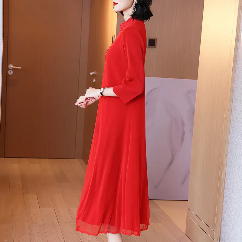 

Chinese Style Retro Printed Dress Spring Autumn New Femininity Women Red Two Pieces Plus Size Dress