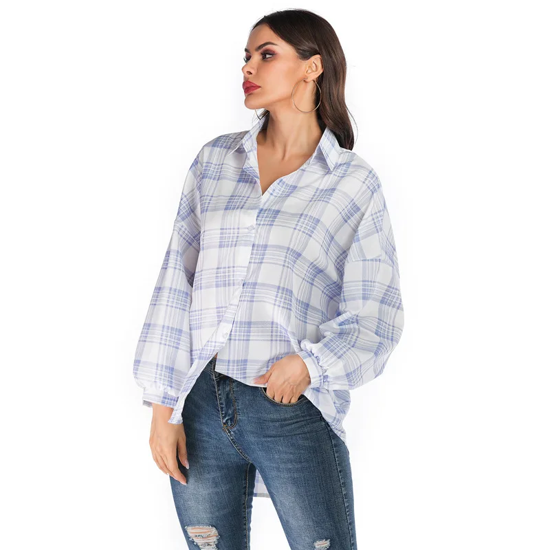 

Autumn Fashion Loose Style Shirt For Women Street Style Button Long Length White Plaid Women's Blouse