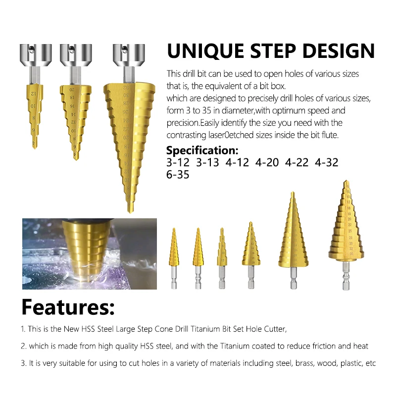 Набор ступенчатых Сверл из быстрорежущей стали 4 шт. шестигранный хвостовик