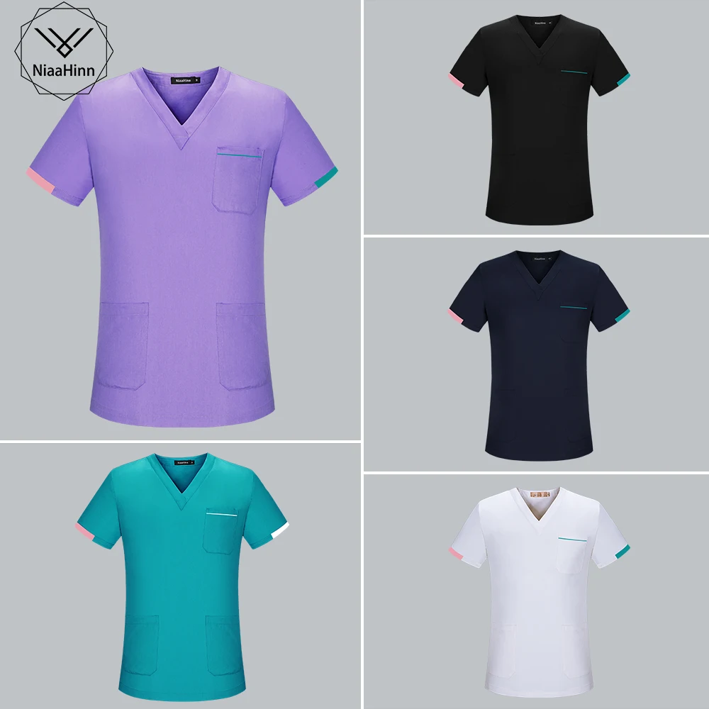 

Stitching Spa Uniform 2Pcs Unisex Pet Beauty Salon Work Scrubs Costume Uniform Suits V-neck Tops with Elastic Waisted Long Pants