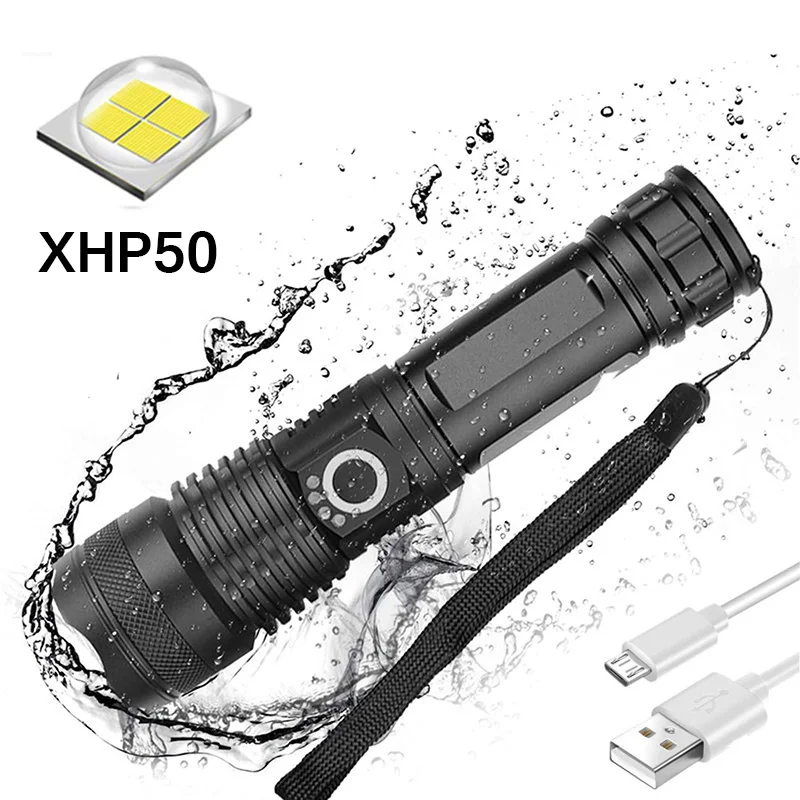 

Светодиодный перезаряжаемый Водонепроницаемый тактический фонарик XHP50, фонарь с 5 режимами освещения и зумом для кемпинга и пешего туризма