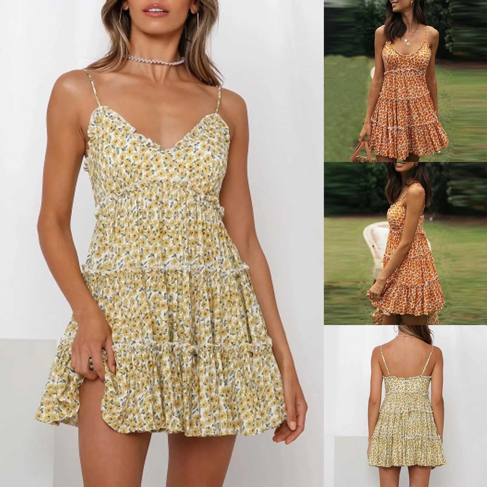 

Summer Floral Printed V-neck Sleeveless Sling Halter A-line Ladies Dress Fashion Casual Off Shoulder Mini Skirt