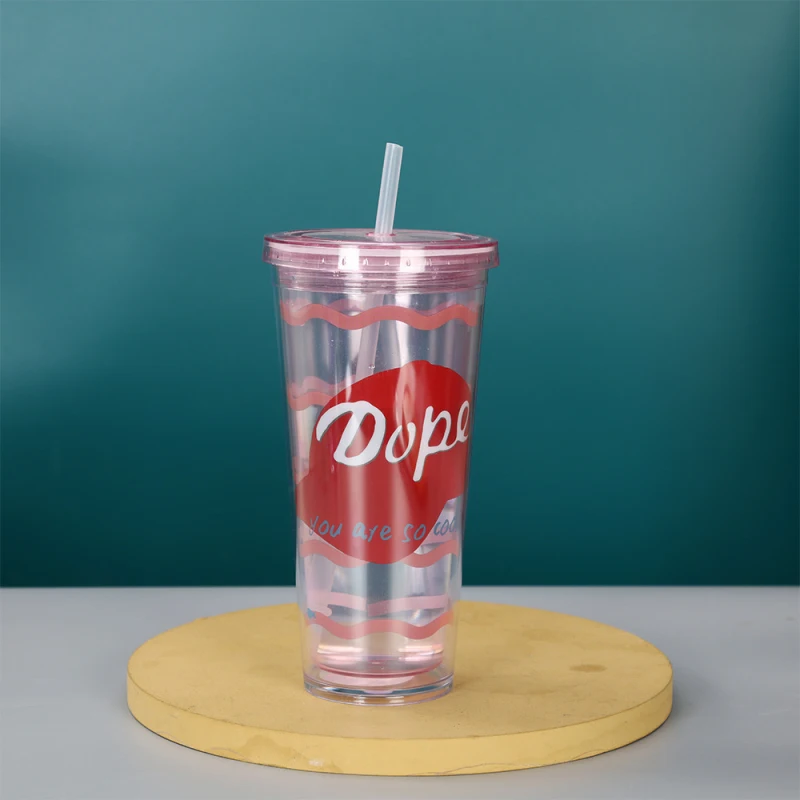

600ML Double-WalledIce Plastic Cup Transparent Large Capacity Straw Cup Portable Student Desk Straw Juice Cup Reusable Tumbler