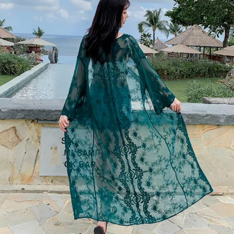 Женский пляжный кардиган с длинным рукавом Зеленые Изумрудные кружевные кимоно