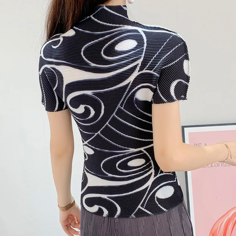 LANMREM Summer 2022 New Pleated T-shirt Women's Turtleneck Short Sleeve Black Slim Printing Top Female Elegant 2D3957 | Женская