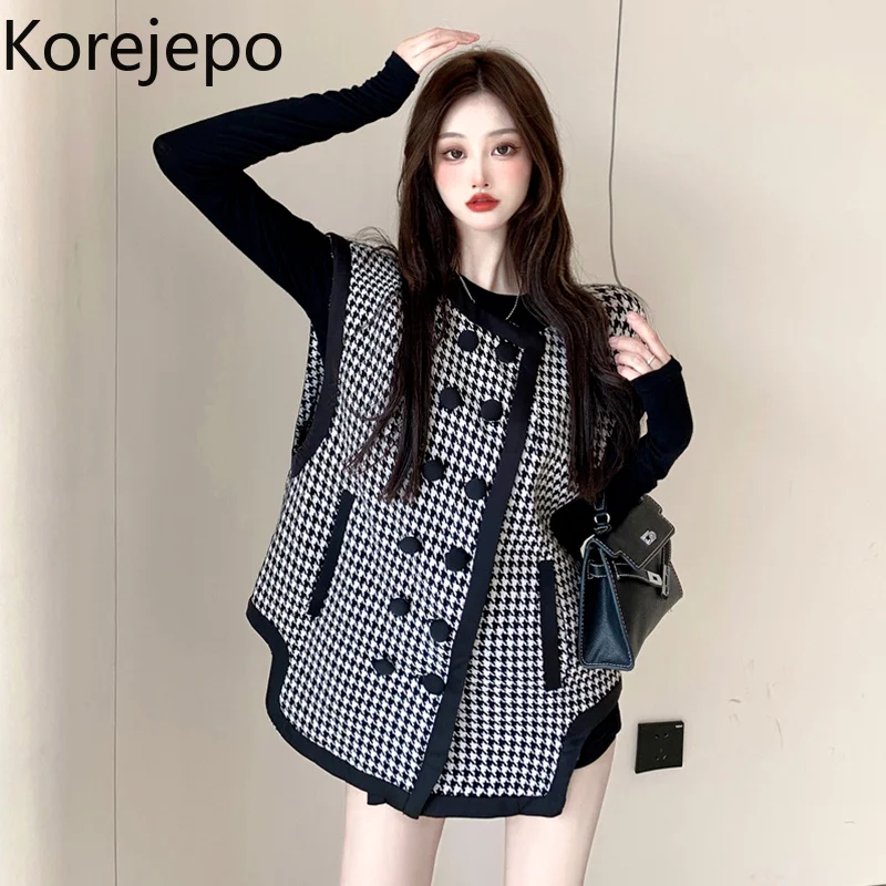 

Korejepo Women Vest Jacket 2021 Spring and Autumn New Korean Chic Retro All-match O-neck Loose Sleeveless Houndstooth Cardigan