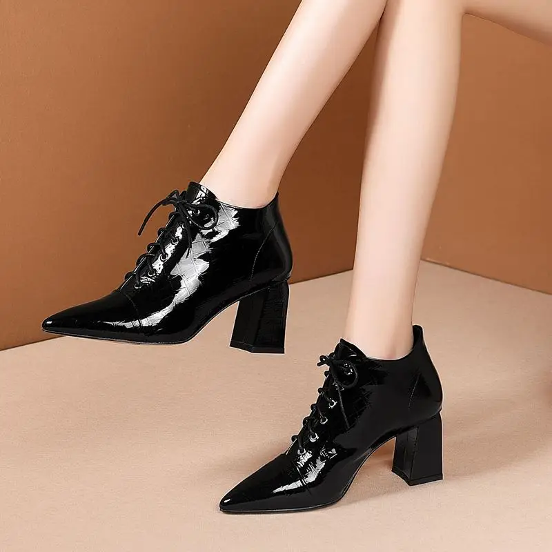 

ALLBITEFO new winter genuine leather brand high heels ankle boots for women thick heels women high heel shoes snow women boots
