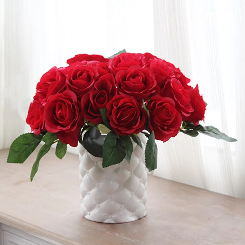 

Se Champagne Bouquet Artificial Silk Rose Fake Bridal Flowers Home Wedding Decor