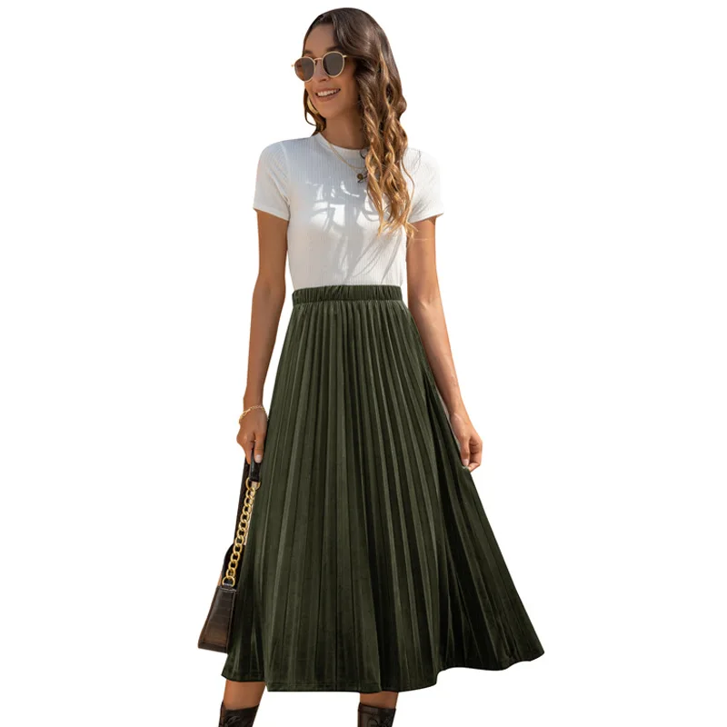 

2021 Summer High Waist Women's Fashion Velvet Casual Style A-Line Pleated Skirt
