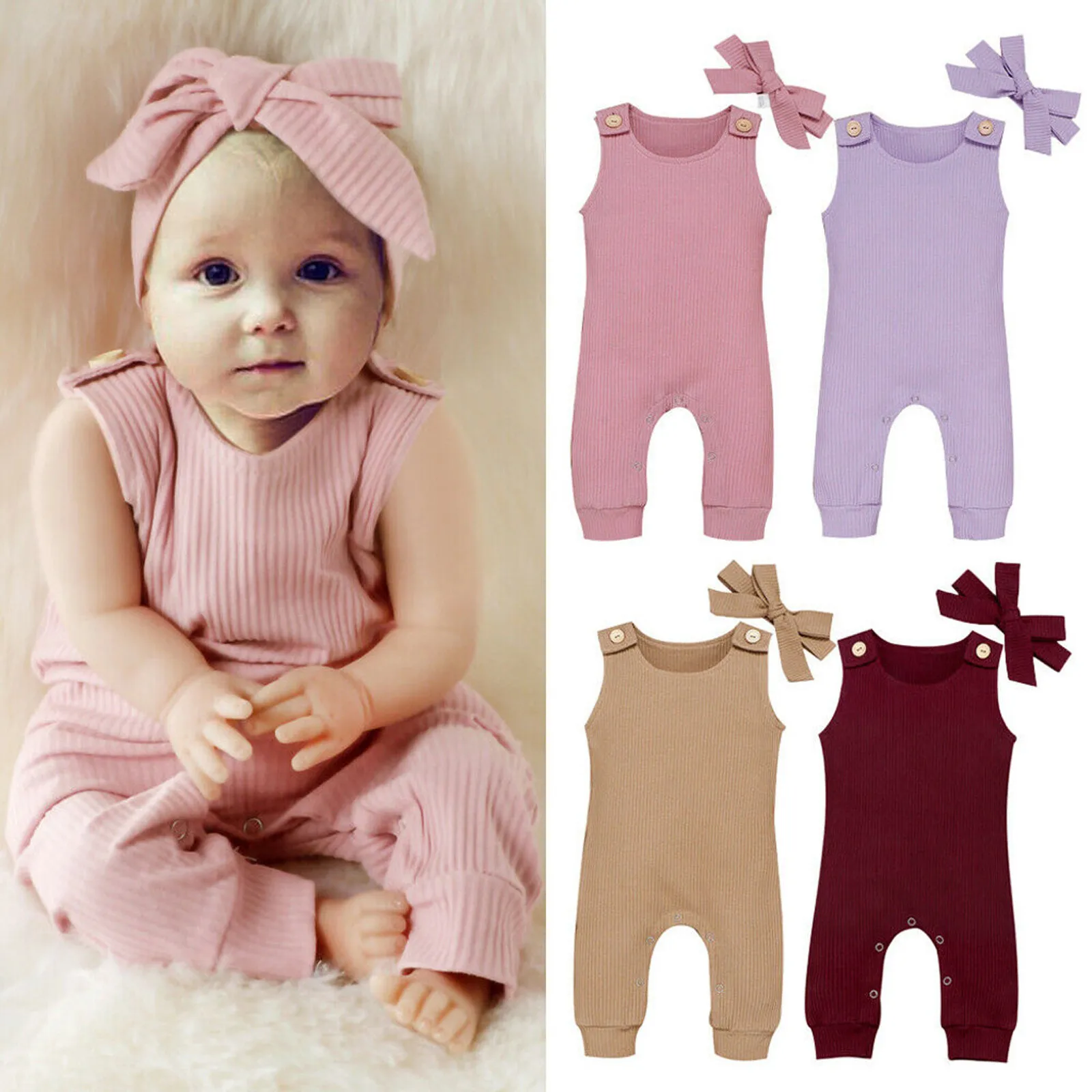 

Cute Newborn Baby Girls One-piece Romper Romper Lunch Break Solid Color Ribbed Anti-strip Casual Romper One-piece + Hair Tie Set