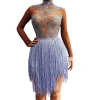 mesh gauze rhinestones fringe dresses long sleeve turtleneck sparkly dress for women nightclub dance show wear stage costume