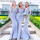 Светильник, синий цвет, длинный рукав, платья подружек невесты русалка аппликации 2021 длинные Свадебная вечеринка платье Элегантный Vestido De Fiesta De Boda