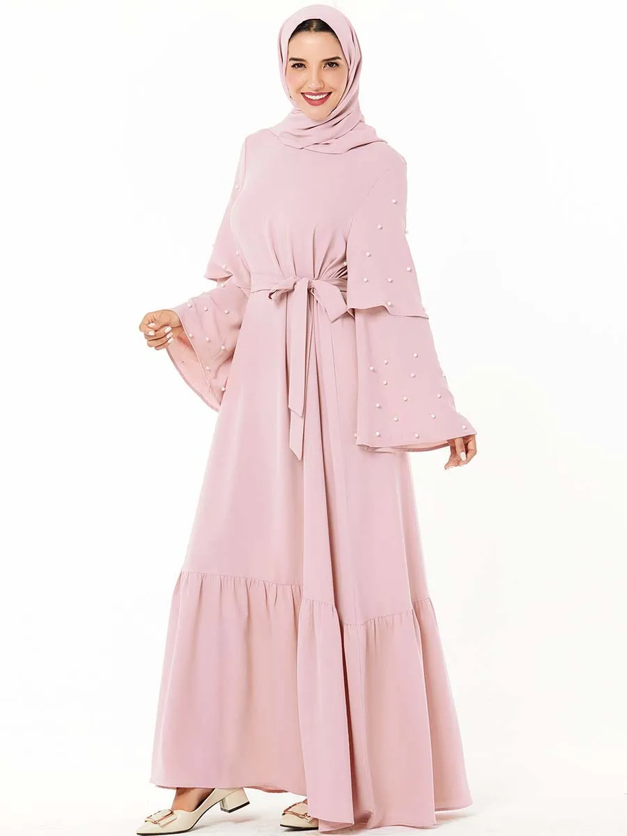 Платье Abaya женское с оборками и жемчугом мусульманский свободный рукав турецкий