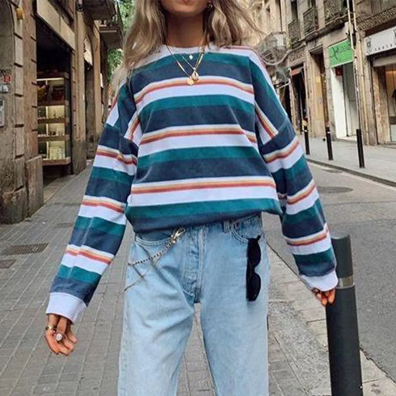 

Striped Casual Women Sweatshirts Drop-shoulder O-neck Loose Long Sleeve Pullover Woman 2022 Autumn New Fashion Top Female Hot