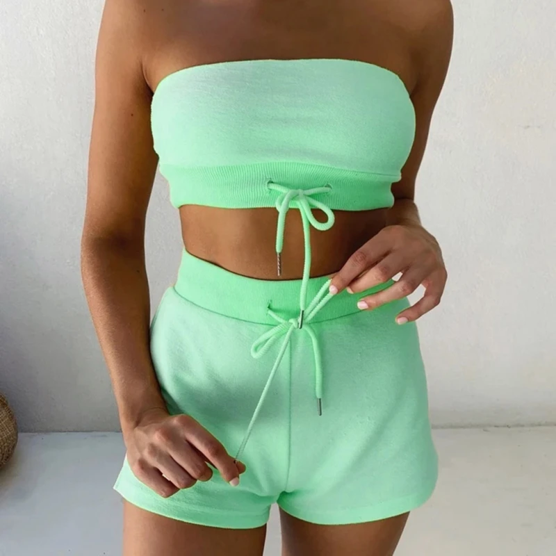 

Summer Women Sets Sexy Solid Color Tops Lace Up Strapless Backless Off Shoulder Shorts Drawstring High Waist Female Clothing