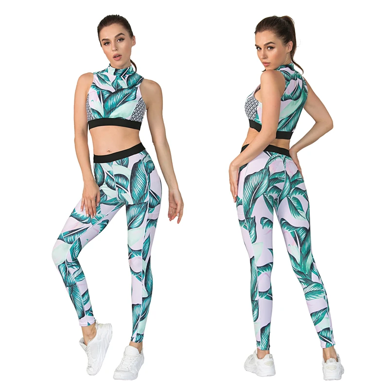 

New Pocket Yoga Suit Women Green Leaves Sportswear Seamless Running Leggings S-XL Girl Gym Workout Clothes Fitness Tights