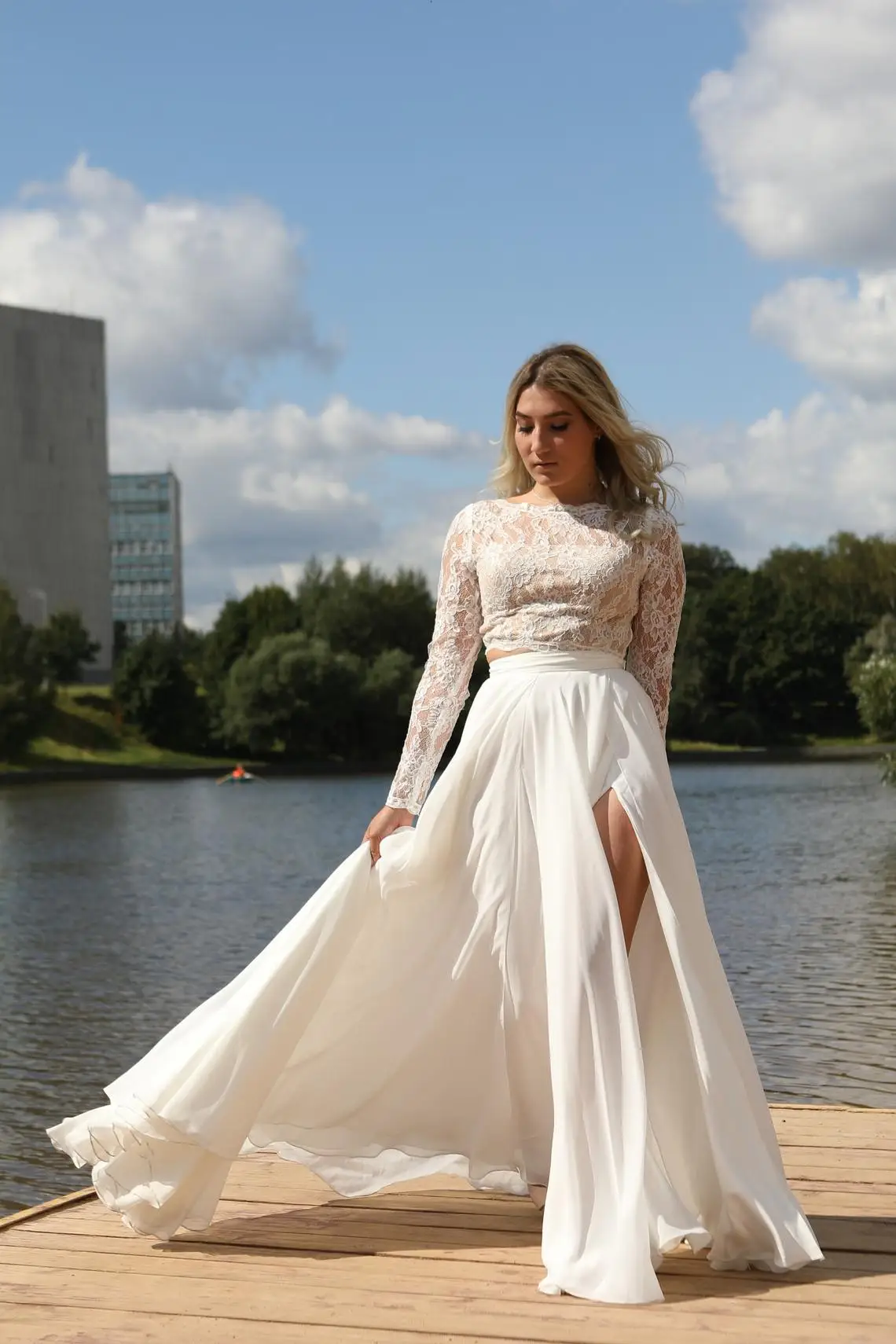 

Кружевное + шифоновое свадебное платье CloverBridal из двух частей цвета слоновой кости с длинным рукавом и высоким разрезом в пол богемные Сваде...