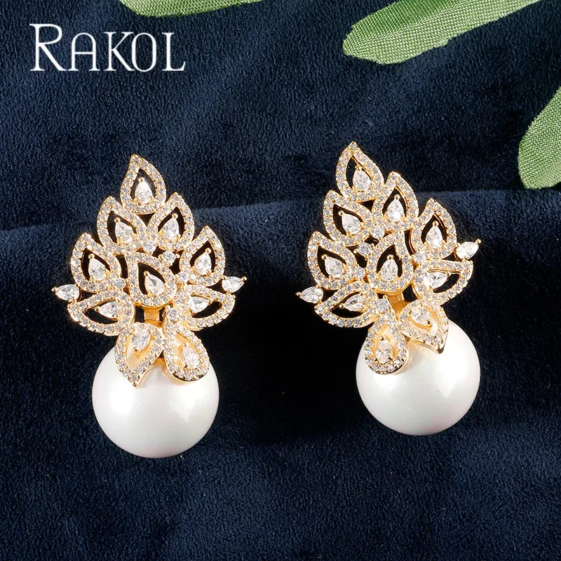 RAKOL имитация жемчуга коллекция листьев полный микро кубического циркония Проложить для женщин Свадебные обручение серьги ювелирные изделия наркомания RE622905