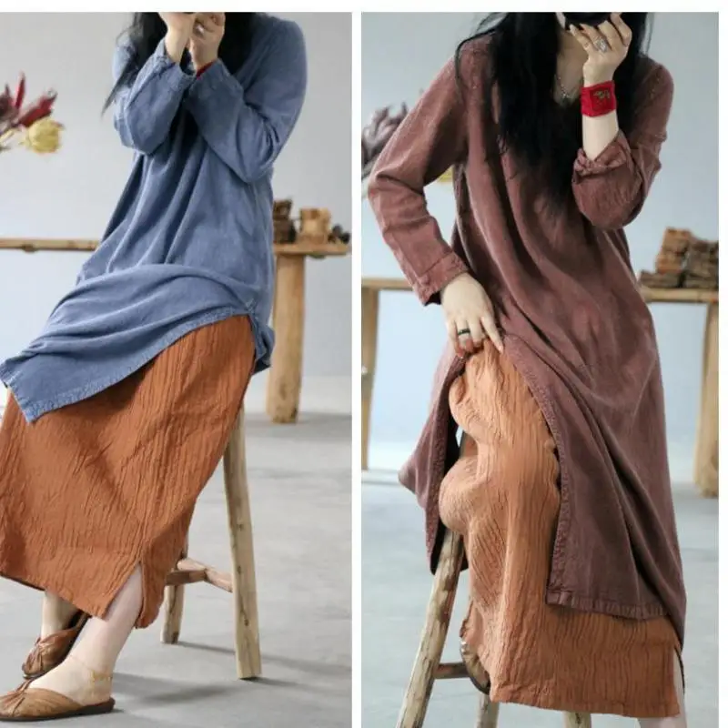 Осеннее платье в стиле ретро с длинным рукавом и v образным вырезом однотонное