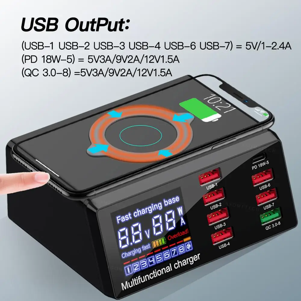 100W Универсальное зарядное устройство USB Hub PD Quick Charge 3 0 Qi Беспроводное 8 портов